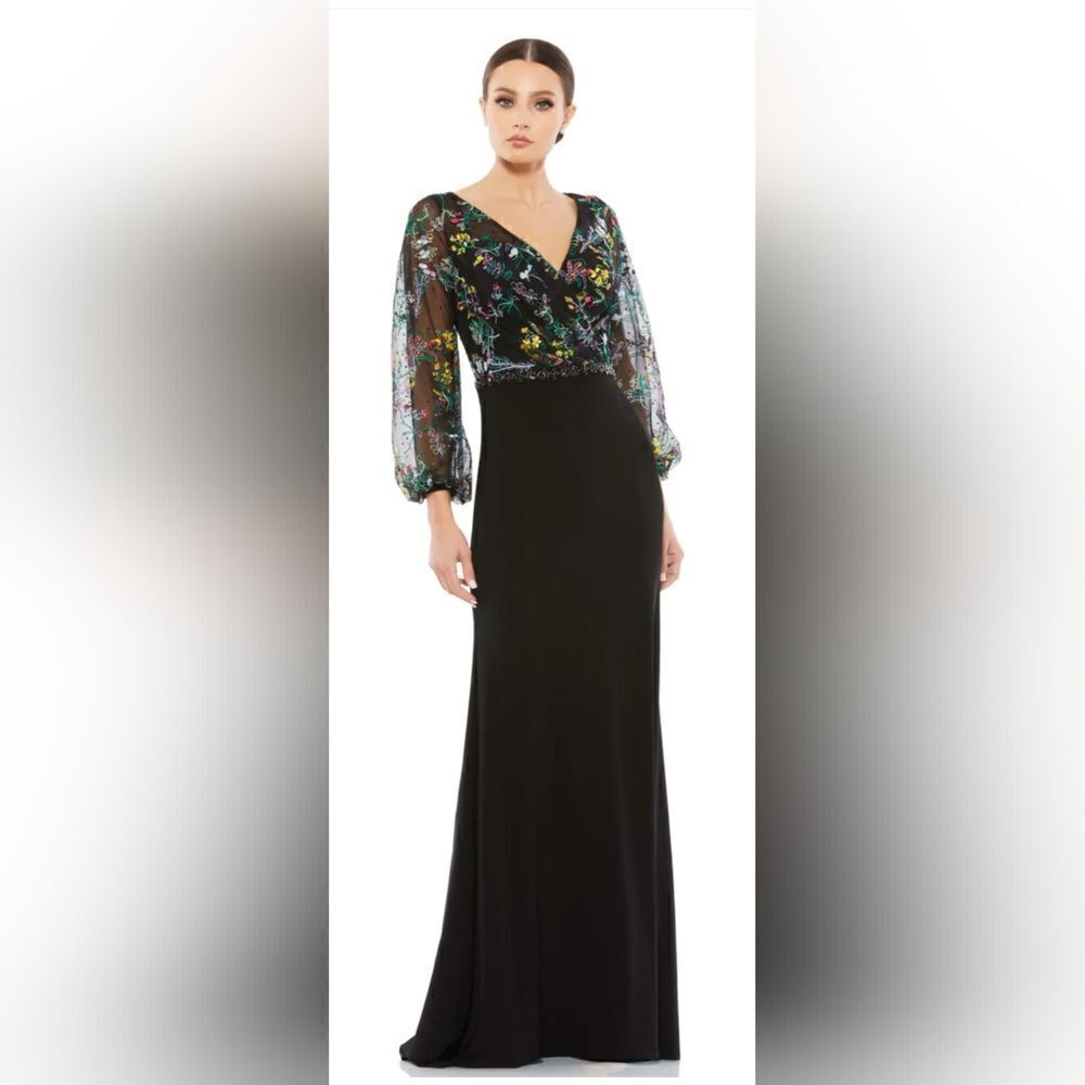 Mac Duggal EMBROIDERED ILLUSION PUFF SLEEVE COLUMN GOWN NWT size 14 black (79379